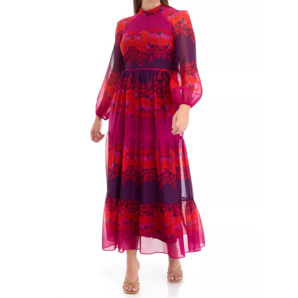 Maison Tara Long Sleeve Mock Neck Printed Chiffon Fit and Flare Dress